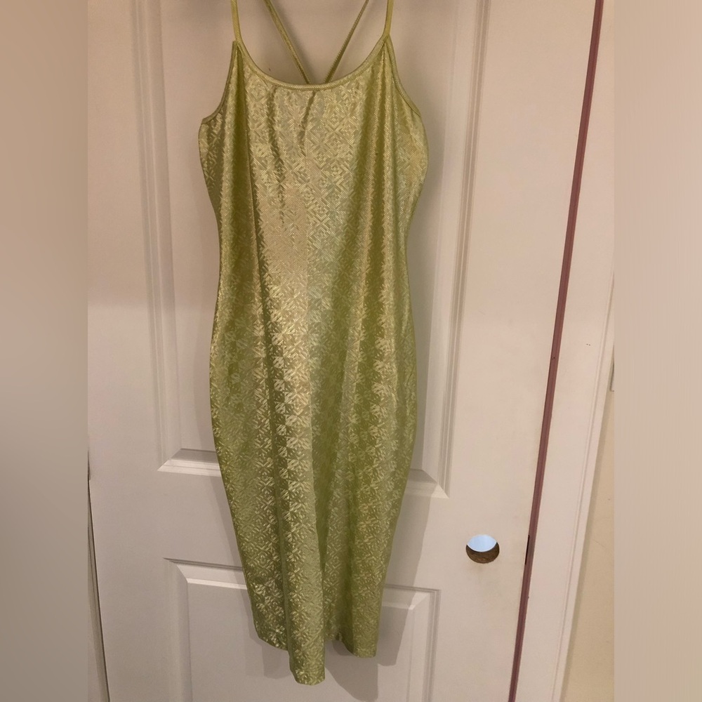 Vintage Holographic Bright Green Slip Dress with Cross-Back Straps